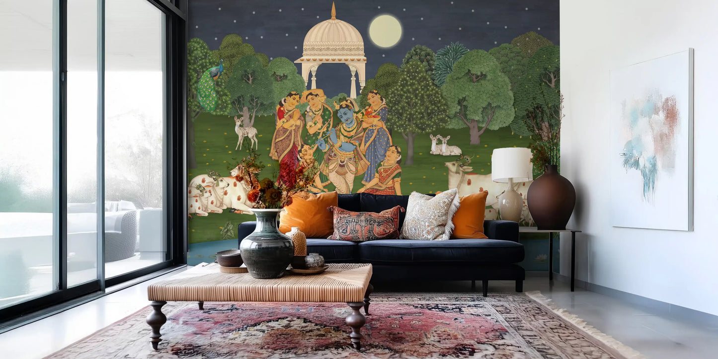 Sacred white cows wall mural with red tilak markings resting on green meadow., GD10203