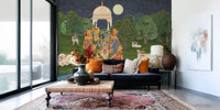 Sacred white cows wall mural with red tilak markings resting on green meadow., GD10203