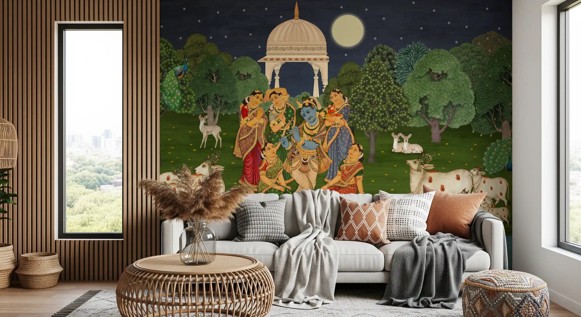 Two deer and a fawn standing on grass in the moonlit Vrindavan wall mural., GD10203