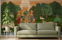 Vrindavan's Tranquil Melody Mural with Krishna and gopis on a living room feature wall., GD10204