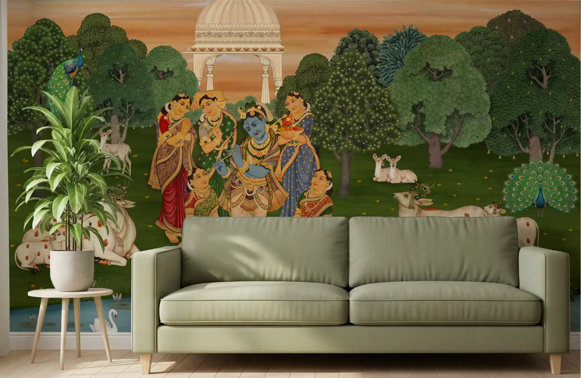 Vrindavan's Tranquil Melody Mural with Krishna and gopis on a living room feature wall., GD10204