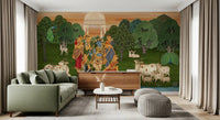 Pichwai wall mural with two fawns and a calf among cows in a green grove., GD10204