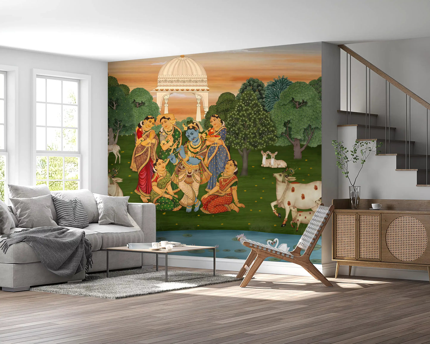 Living room Wall mural showing a domed white pavilion under a peach and golden sky., GD10204