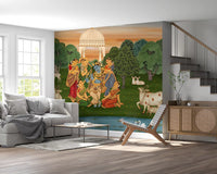Living room Wall mural showing a domed white pavilion under a peach and golden sky., GD10204