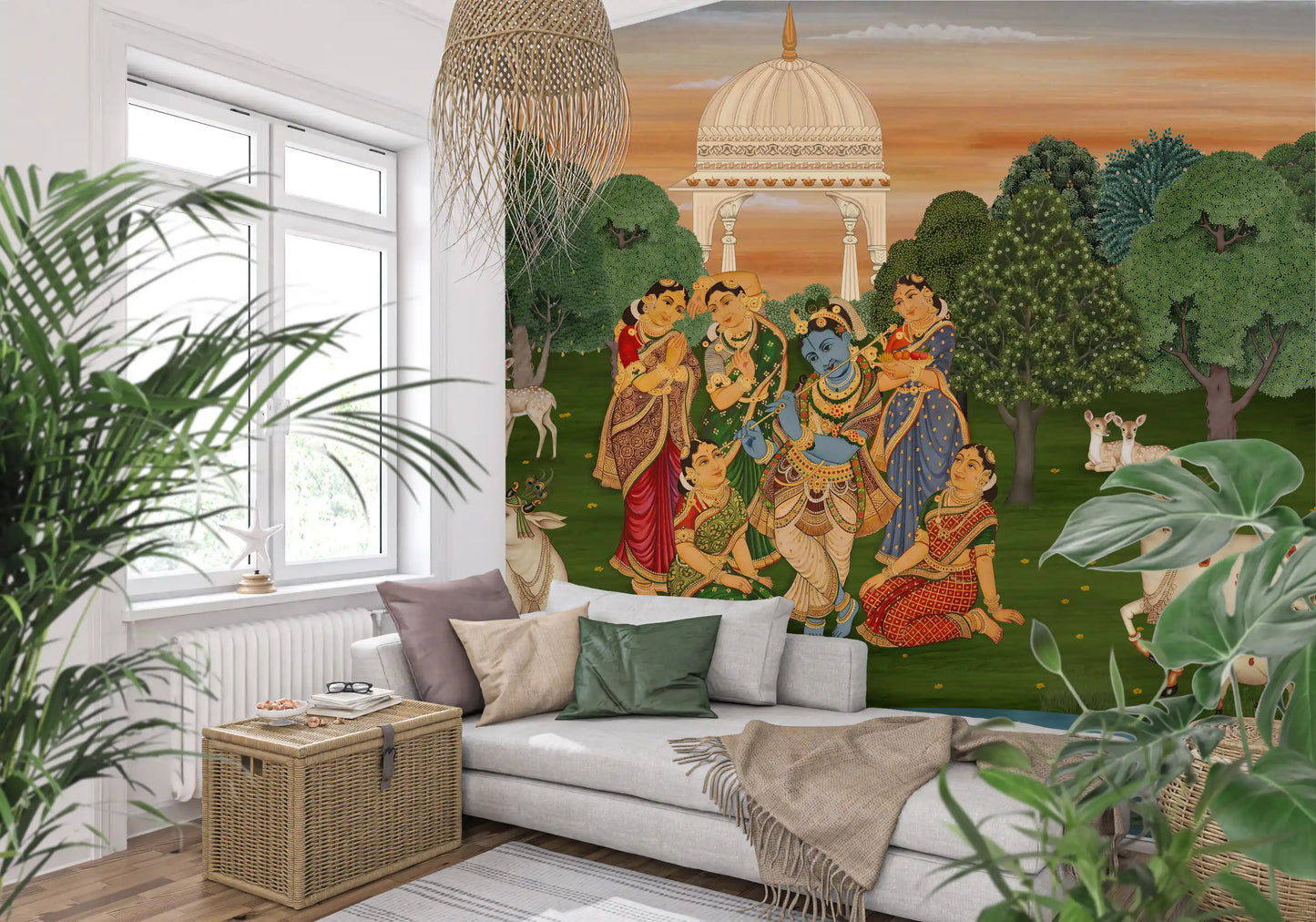 Krishna wall mural with gopis in red, indigo and green saris around a flute player., GD10204