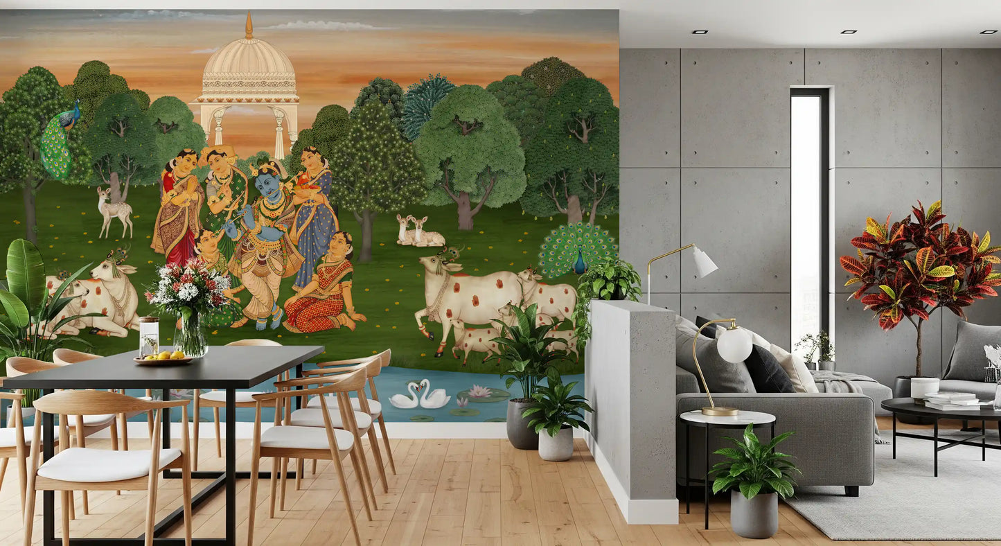 Peacock wall mural with full plumage on either side of a Vrindavan pavilion scene in dining area., GD10204