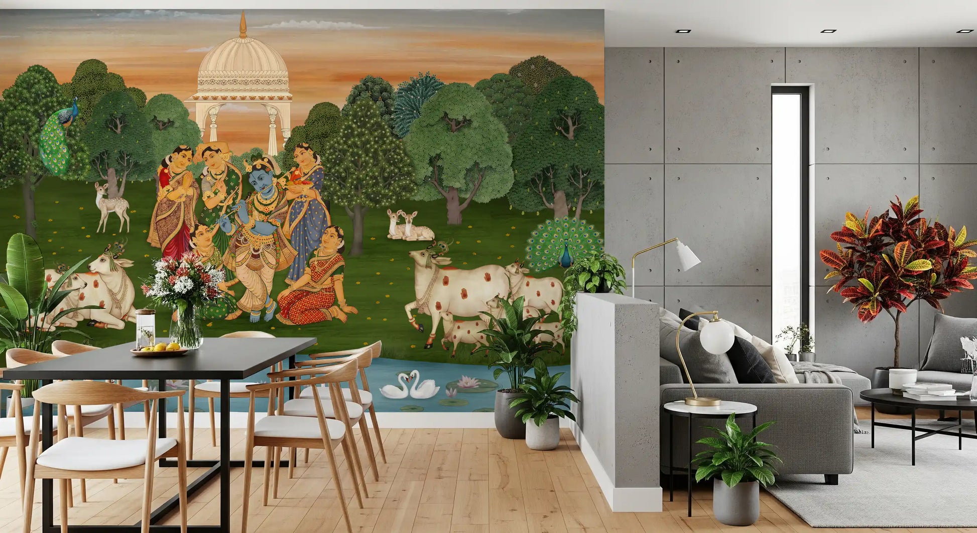 Peacock wall mural with full plumage on either side of a Vrindavan pavilion scene in dining area., GD10204