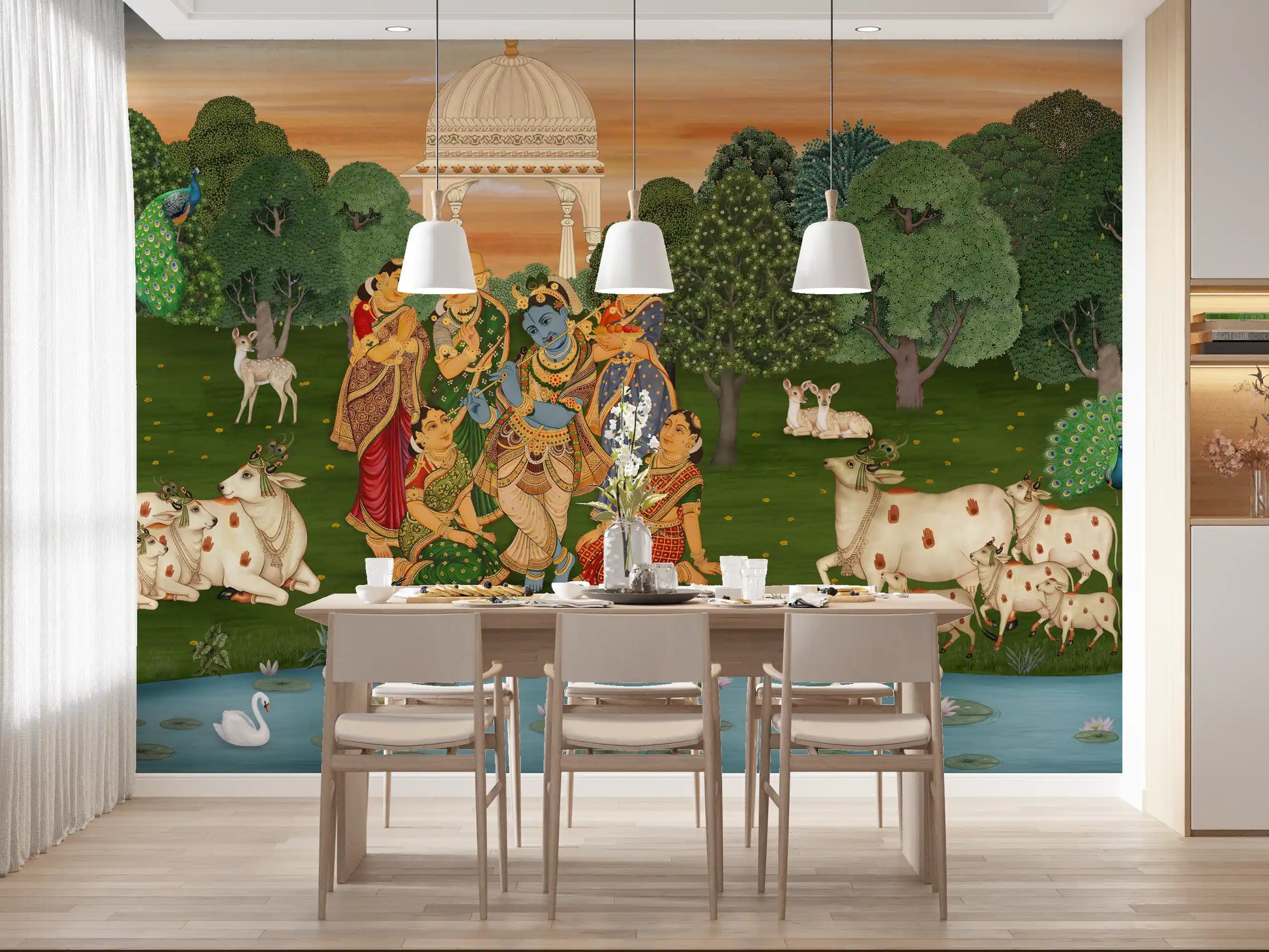 Vrindavan wall mural with Krishna playing a flute among gopis under a peach sunset., GD10204