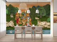 Vrindavan wall mural with Krishna playing a flute among gopis under a peach sunset., GD10204
