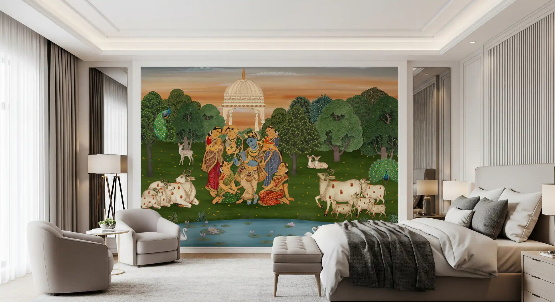 Spiritual wall mural with peacocks, cows, deer and lotus blooms in a watercolour palette., GD10204