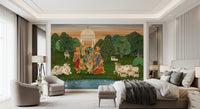 Spiritual wall mural with peacocks, cows, deer and lotus blooms in a watercolour palette., GD10204