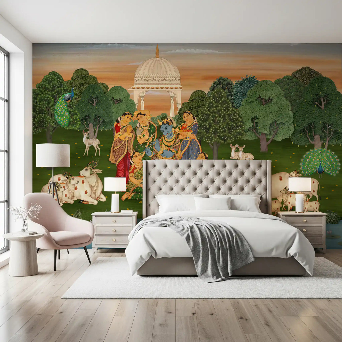 Vrindavan wall mural installed on a master bedroom backdrop.