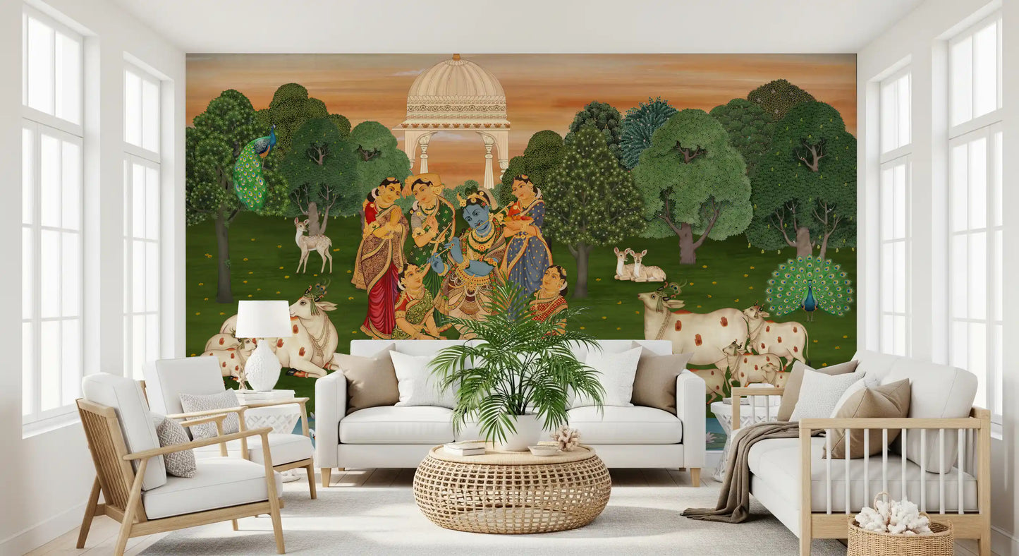 Watercolour wall mural with lily pond swans and lotus pads in the foreground., GD10204