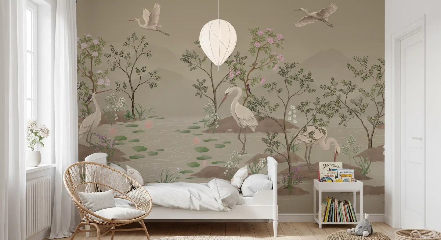 Painterly wall mural showing slender trees, blossoms and flying cranes., GD10205