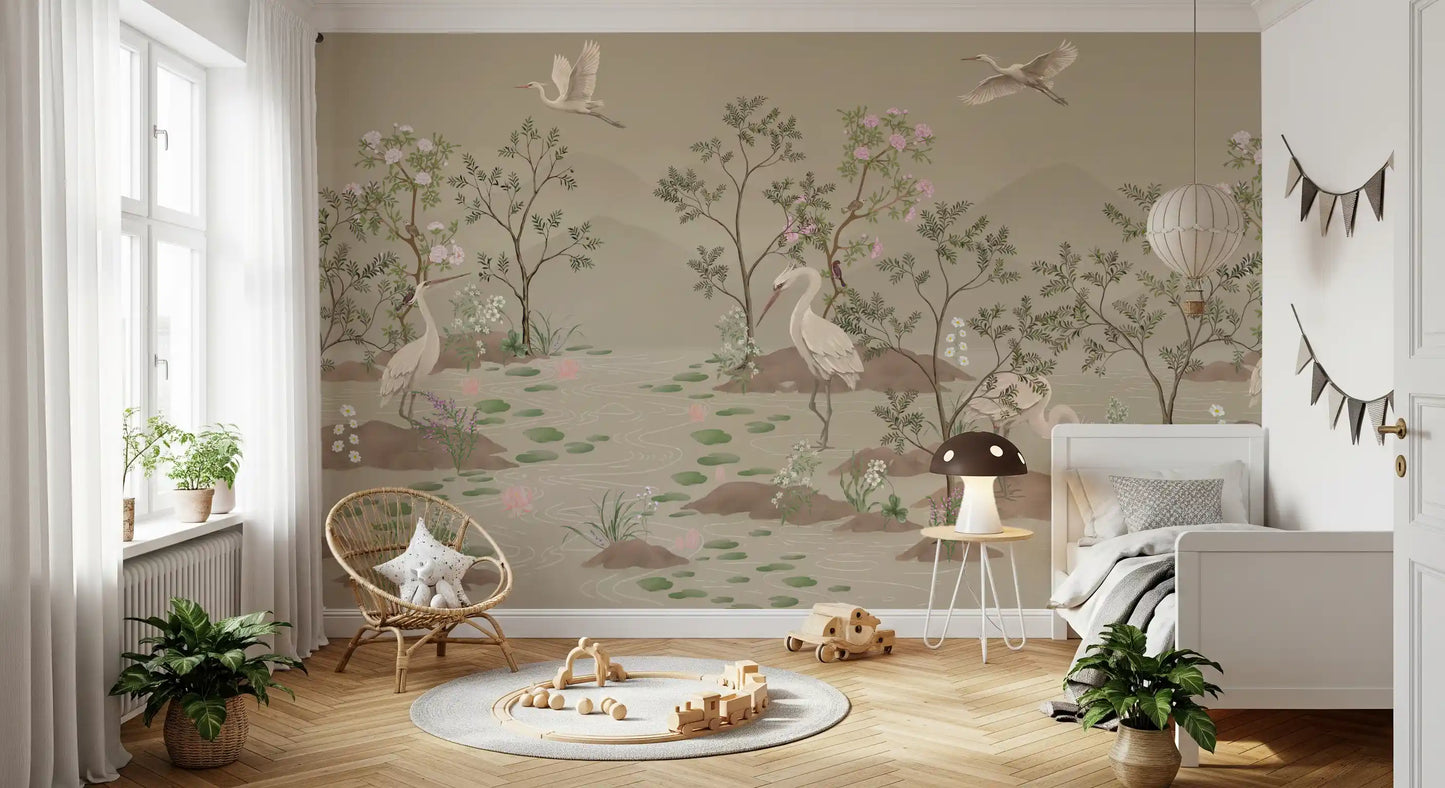 Watercolour wall mural in beige with cranes and pink lotus blooms in child's bedroom., GD10205