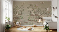 Watercolour wall mural in beige with cranes and pink lotus blooms in child's bedroom., GD10205