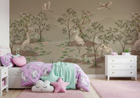 Wall mural featuring flowering trees, pink blossoms and lily pads., GD10205