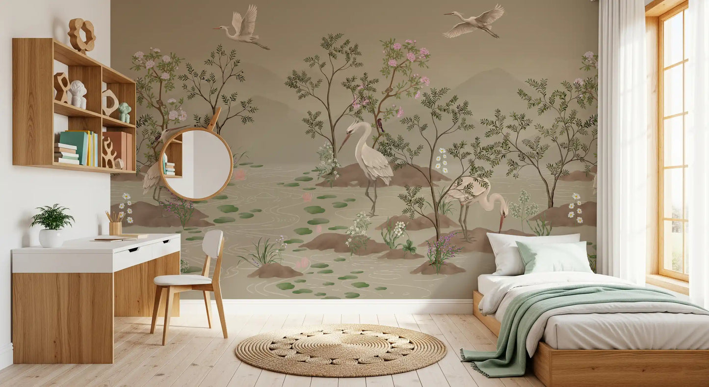 Botanical water bloom wall mural with cranes, daisies and lavender wildflowers., GD10205