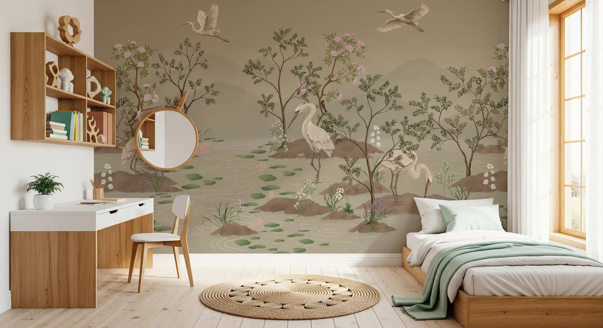 Botanical water bloom wall mural with cranes, daisies and lavender wildflowers., GD10205