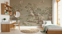Botanical water bloom wall mural with cranes, daisies and lavender wildflowers., GD10205