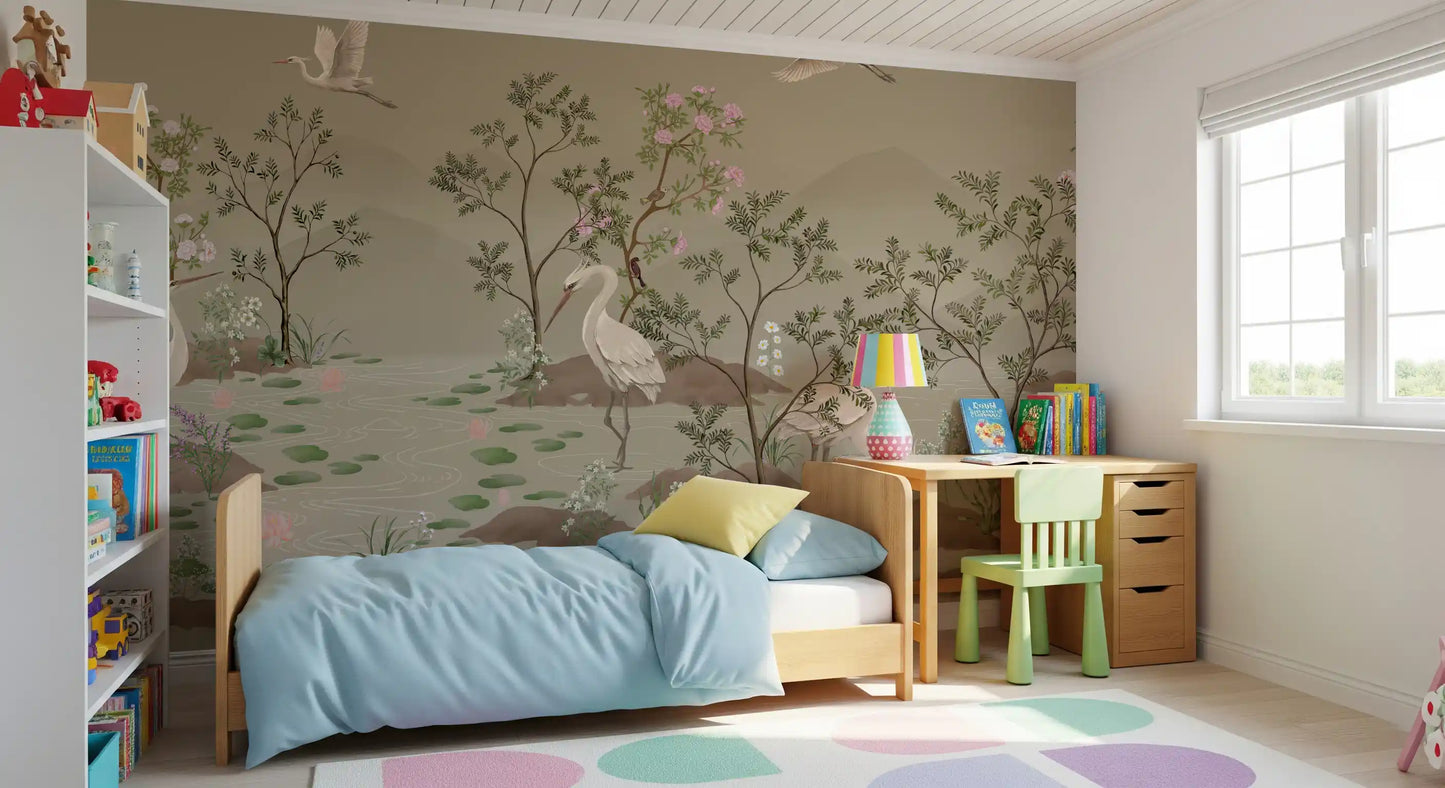 Ethereal wall mural featuring lily pads, lotus and misty mountain backdrop., GD10205