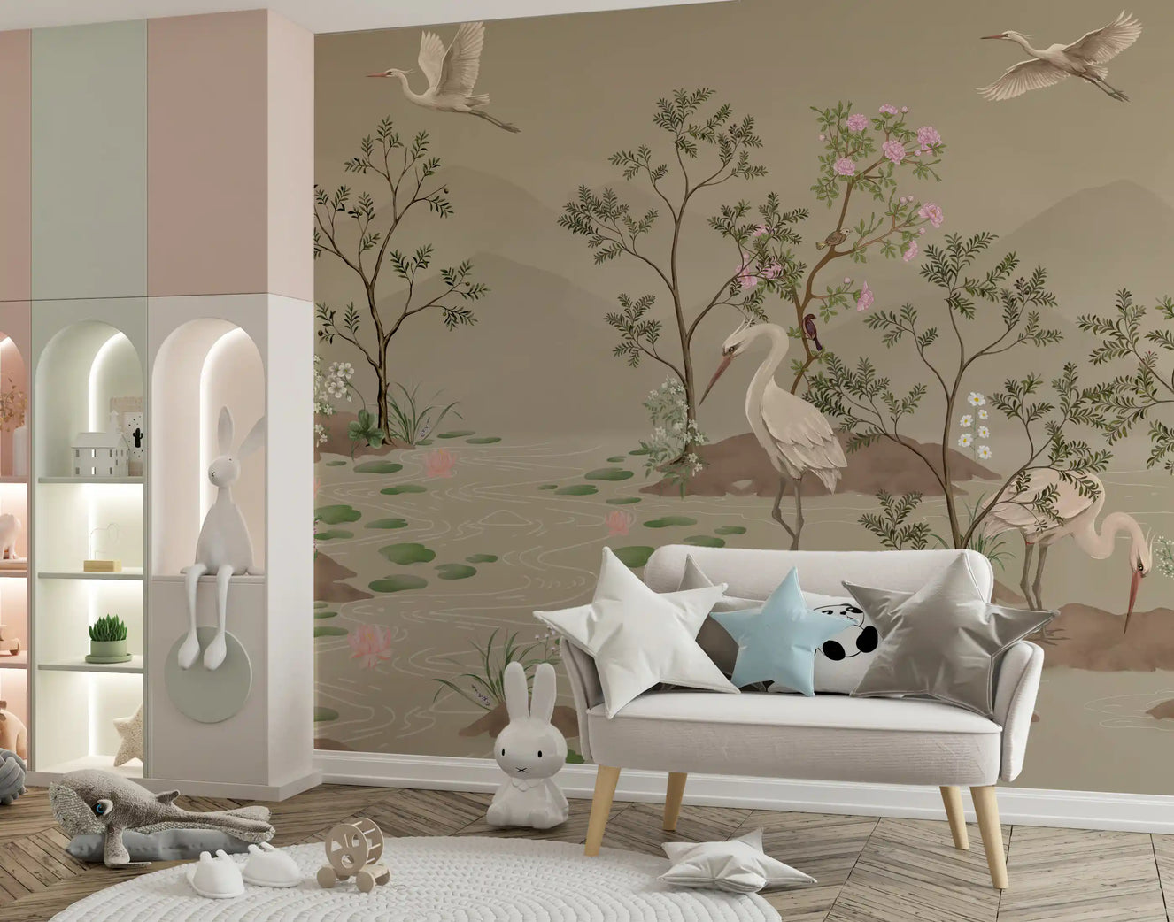 Beige wall mural with white cranes wading through a lotus pond.