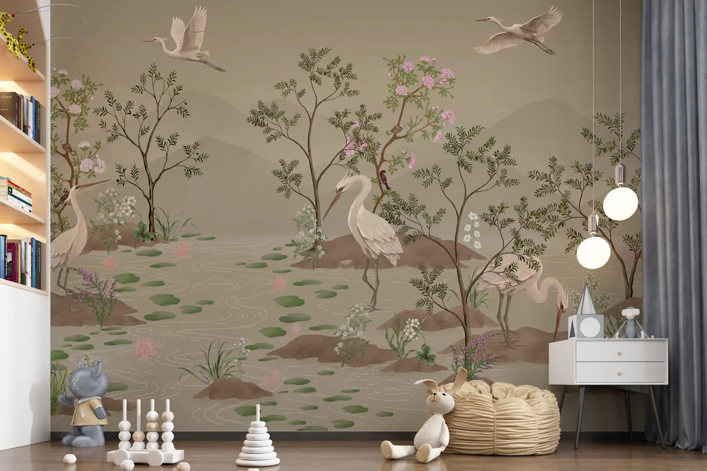 Beige water bloom mural with cranes set on a nursery feature wall., GD10205