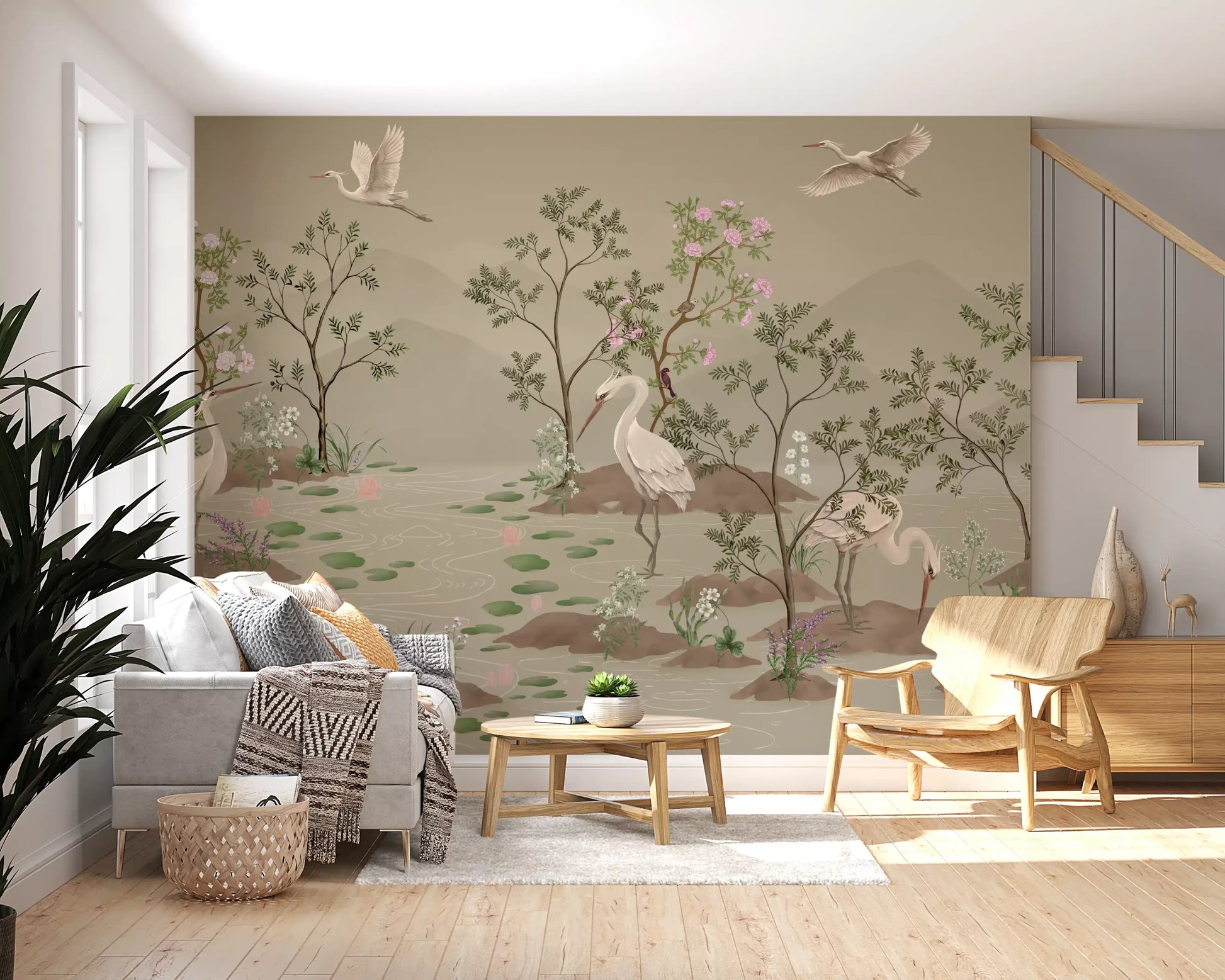 Wetland wall mural with white cranes, sage foliage and wildflowers., GD10205