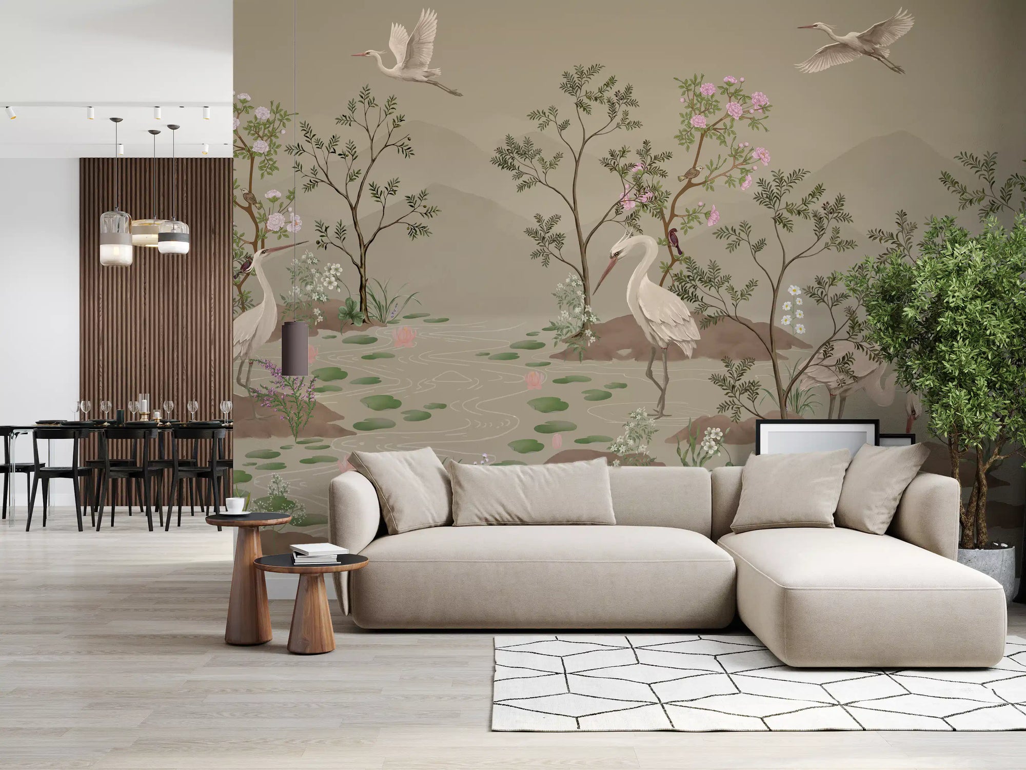 Ethereal mural with lotus pond set on a living room feature wall., GD10205