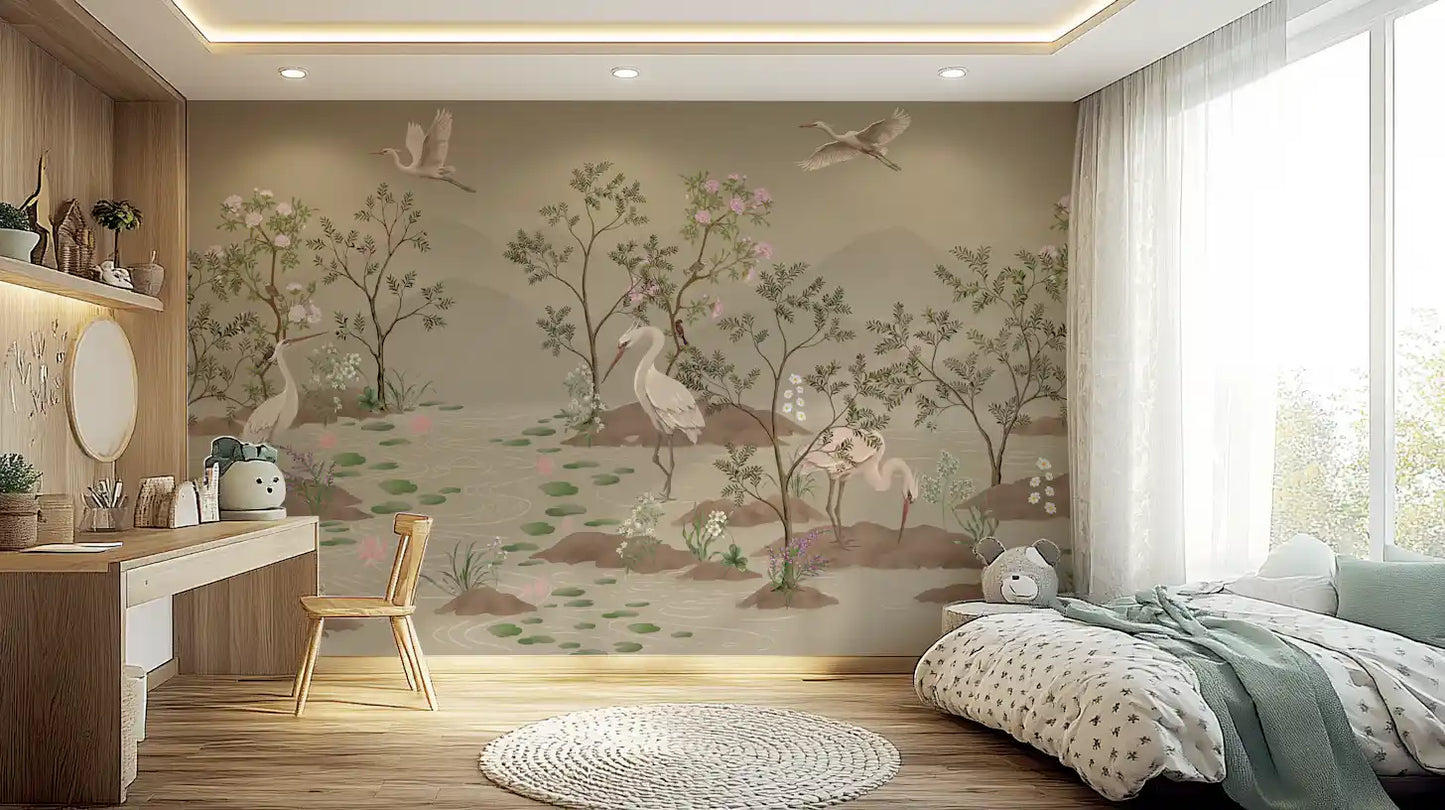 Chinoiserie wall mural with cranes, lotus and misty mountains in kids bedroom., GD10205