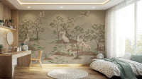 Chinoiserie wall mural with cranes, lotus and misty mountains in kids bedroom., GD10205