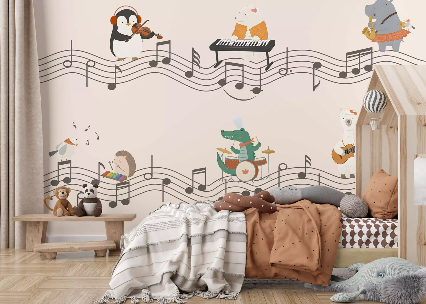 Wavy music staves with scattered notes connecting cartoon animal musicians on a peach wall mural., GD10206
