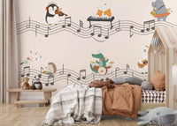 Wavy music staves with scattered notes connecting cartoon animal musicians on a peach wall mural., GD10206