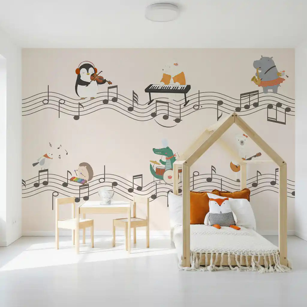 Kids room wall mural with cartoon animals playing musical instruments on flowing music staves., GD10206