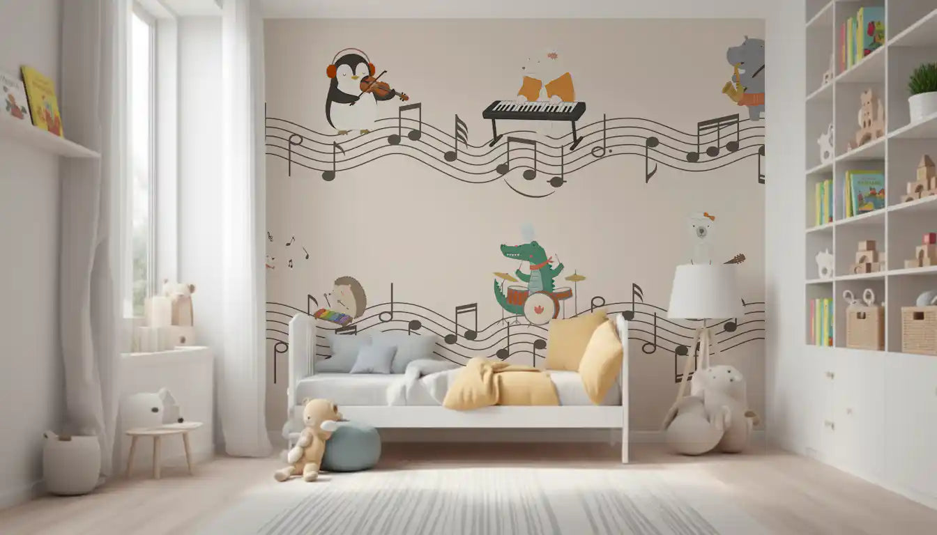 Harmonious animal band wall mural styled on a kids bedroom backdrop., GD10206