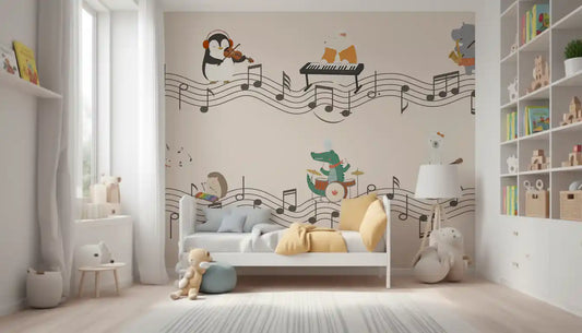 Harmonious animal band wall mural styled on a kids bedroom backdrop.