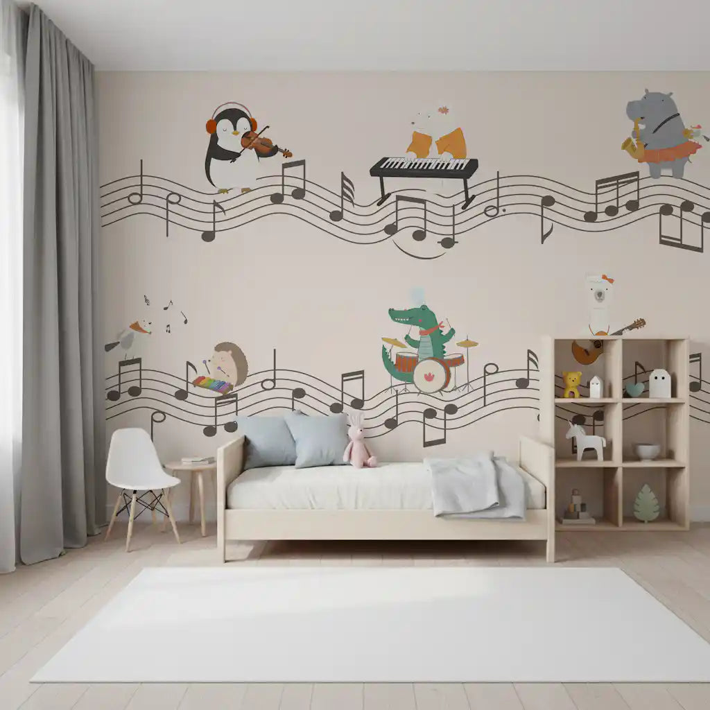 Wall mural showing a crocodile drummer in a chef hat and a llama strumming an acoustic guitar., GD10206