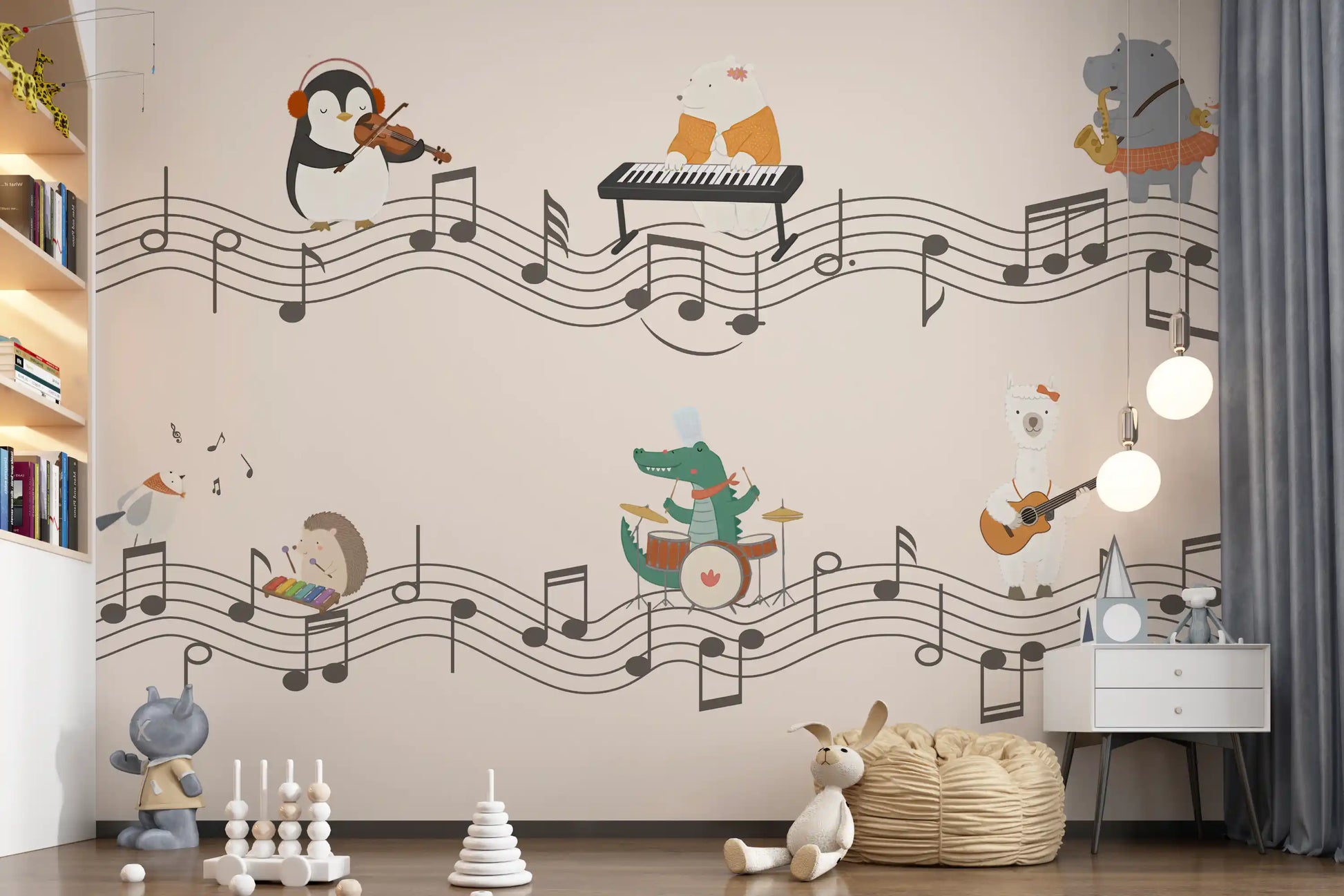 Penguin with earmuffs playing violin beside a polar bear at the piano on a peach wall mural., GD10206