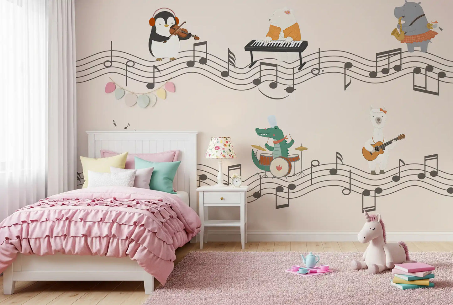 Animal band wall mural with Hippo in a red checked skirt blowing a saxophone with a small bird companion., GD10206
