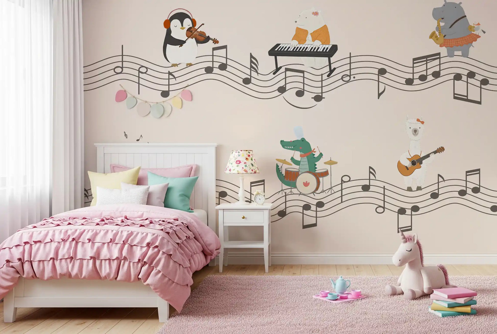 Animal band wall mural with Hippo in a red checked skirt blowing a saxophone with a small bird companion., GD10206