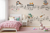 Animal band wall mural with Hippo in a red checked skirt blowing a saxophone with a small bird companion., GD10206