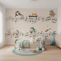 Watercolour wall mural with a cartoon animal band on a toddler room backdrop., GD10206