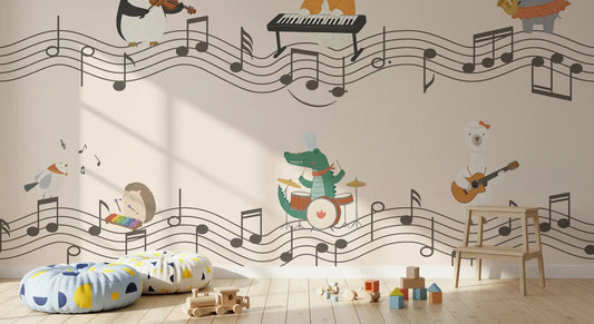 Peach animal music band mural styled on a kids nursery wall.