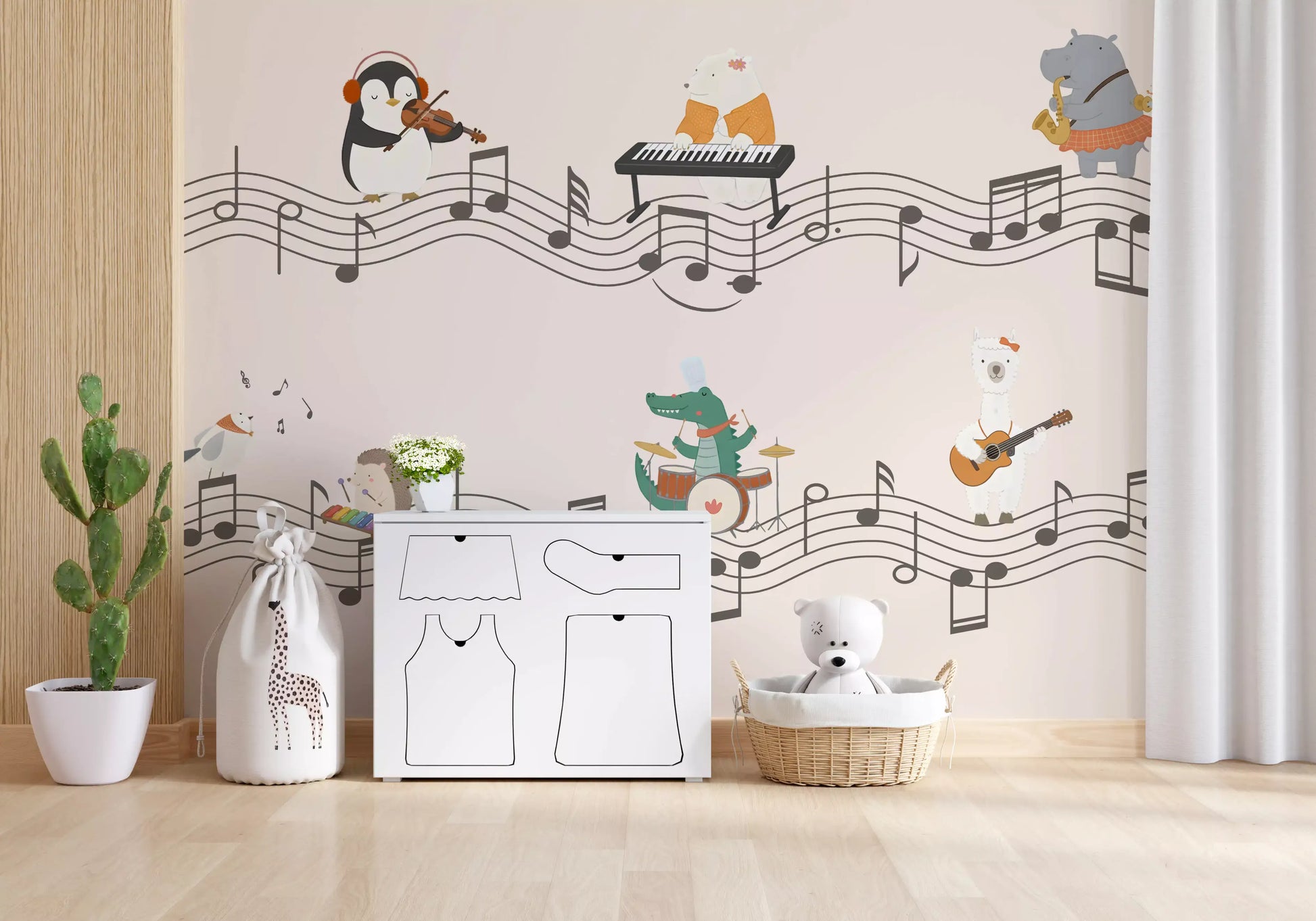 Cartoon animals in a musical scene with flowing staff lines on a peach wall mural., GD10206