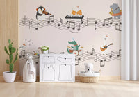 Cartoon animals in a musical scene with flowing staff lines on a peach wall mural., GD10206