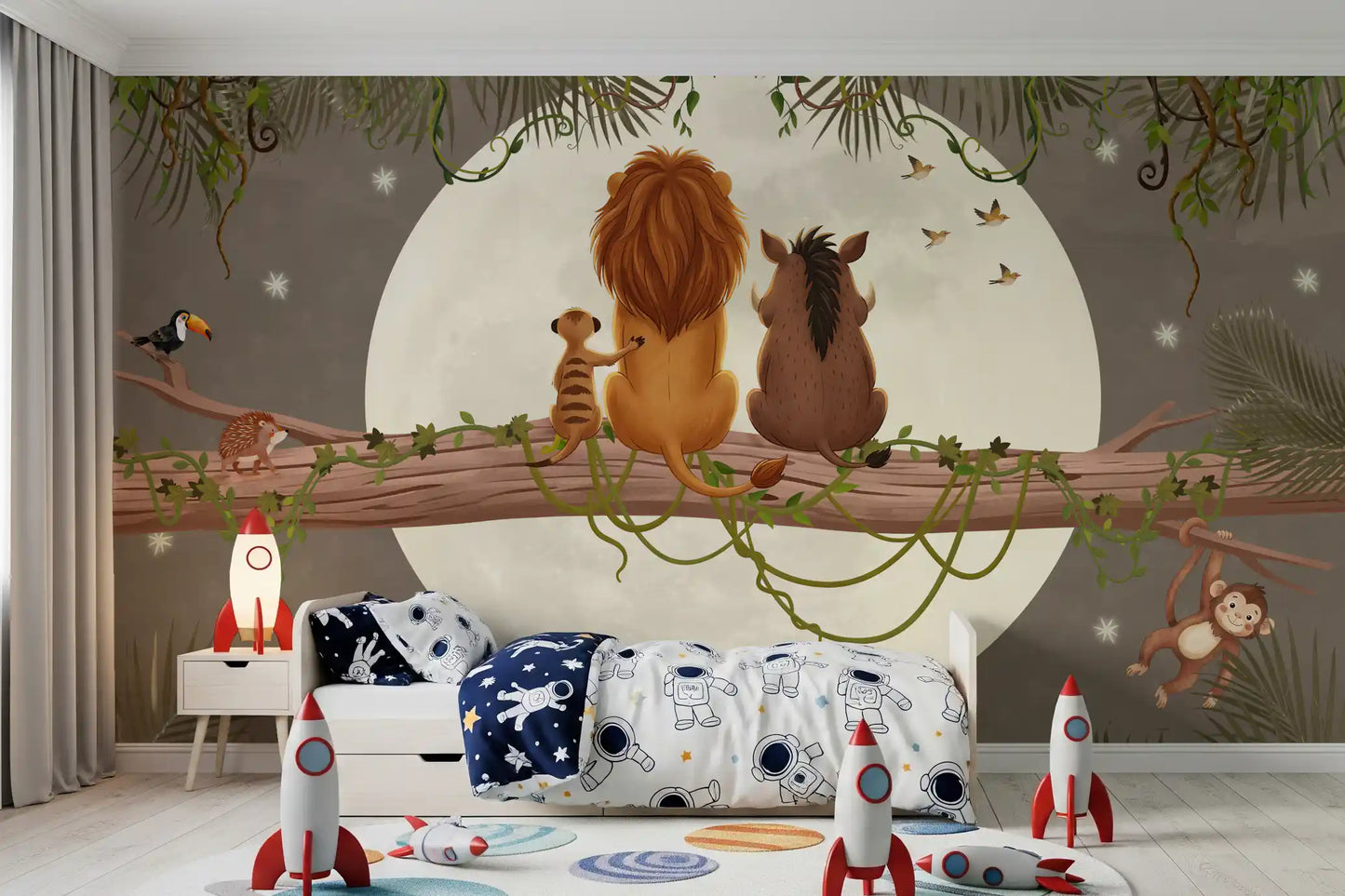 Children's room wall featuring jungle friends sitting beneath a full moon mural., GD10207