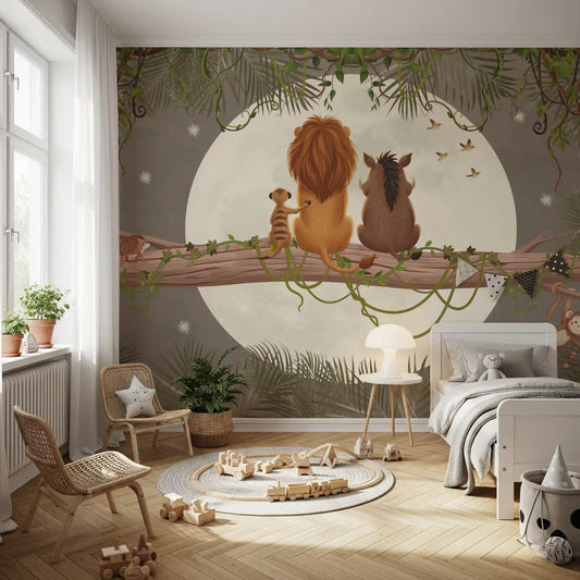 Kids room wall mural with a monkey swinging from vines and birds near the moon.