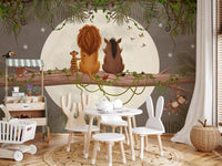 Children's dining room wall styled with a jungle mural showing a lion, boar, and meerkat., GD10207