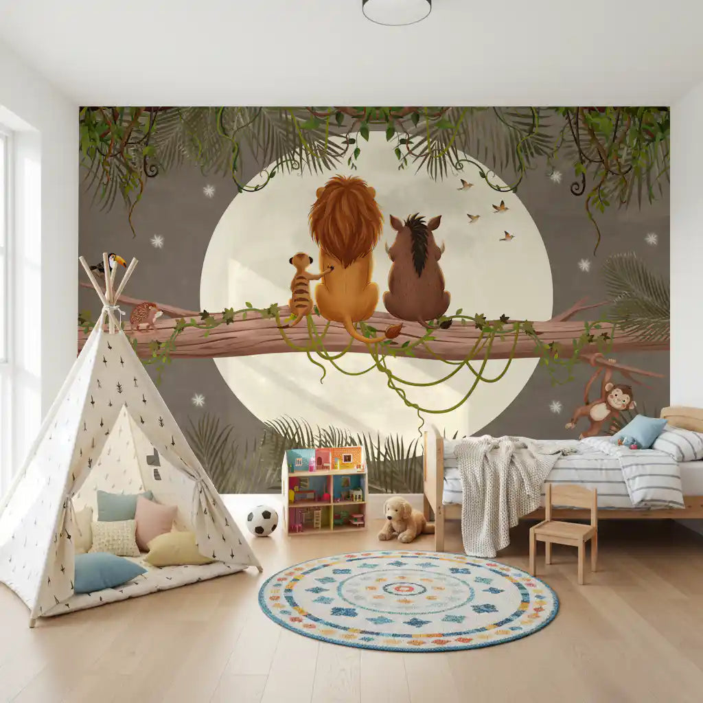 Moonlit jungle wall mural with a lion, boar, and meerkat on a tree branch under a full moon., GD10207