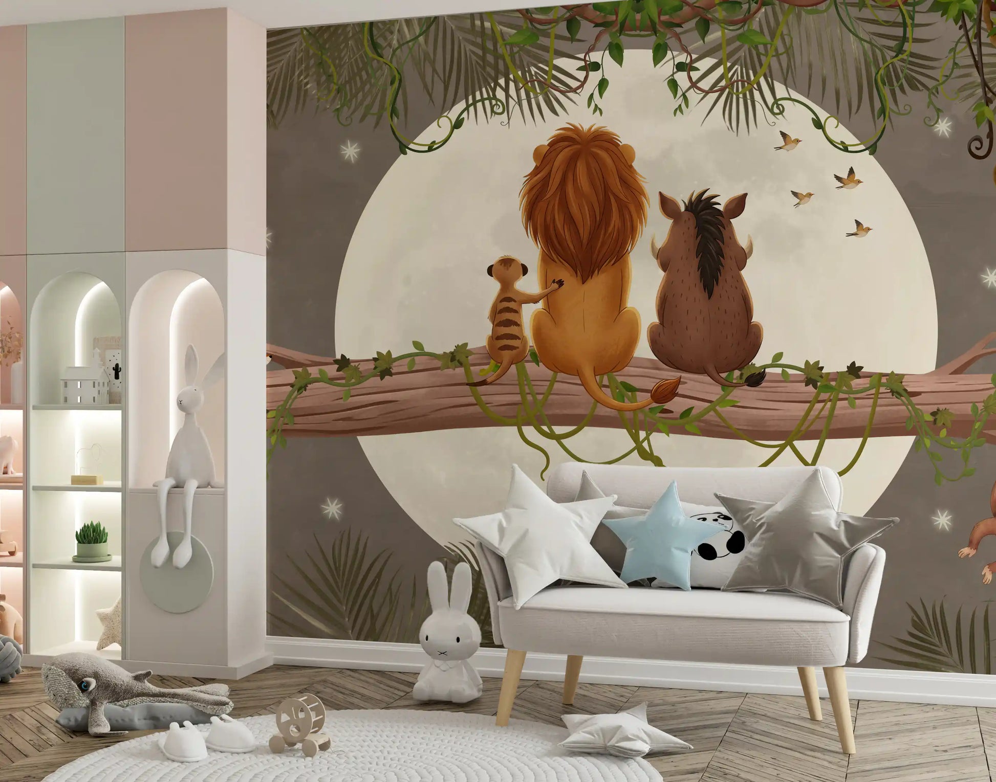 Jungle animals watching a glowing moon on a storybook wall mural with brown and green tones., GD10207